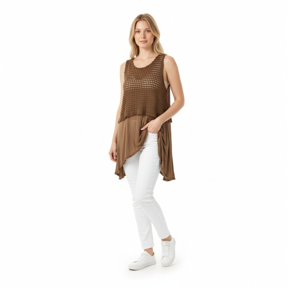Project Social T Brown Boho Tunic Top Size S Sleeveless Open Knit Layered